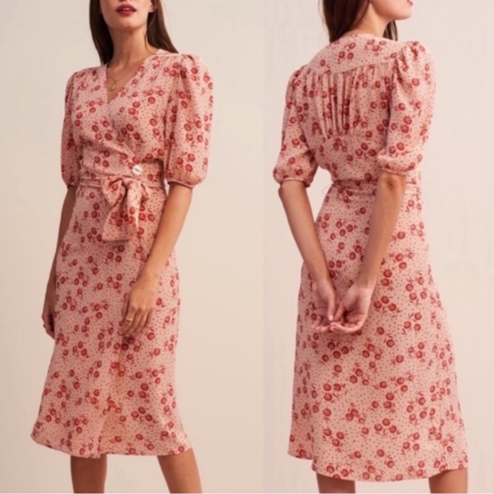 ROUJE Peach Pink Red Retro Classic Floral Dot Printed Rosalie Midi Wrap Dress